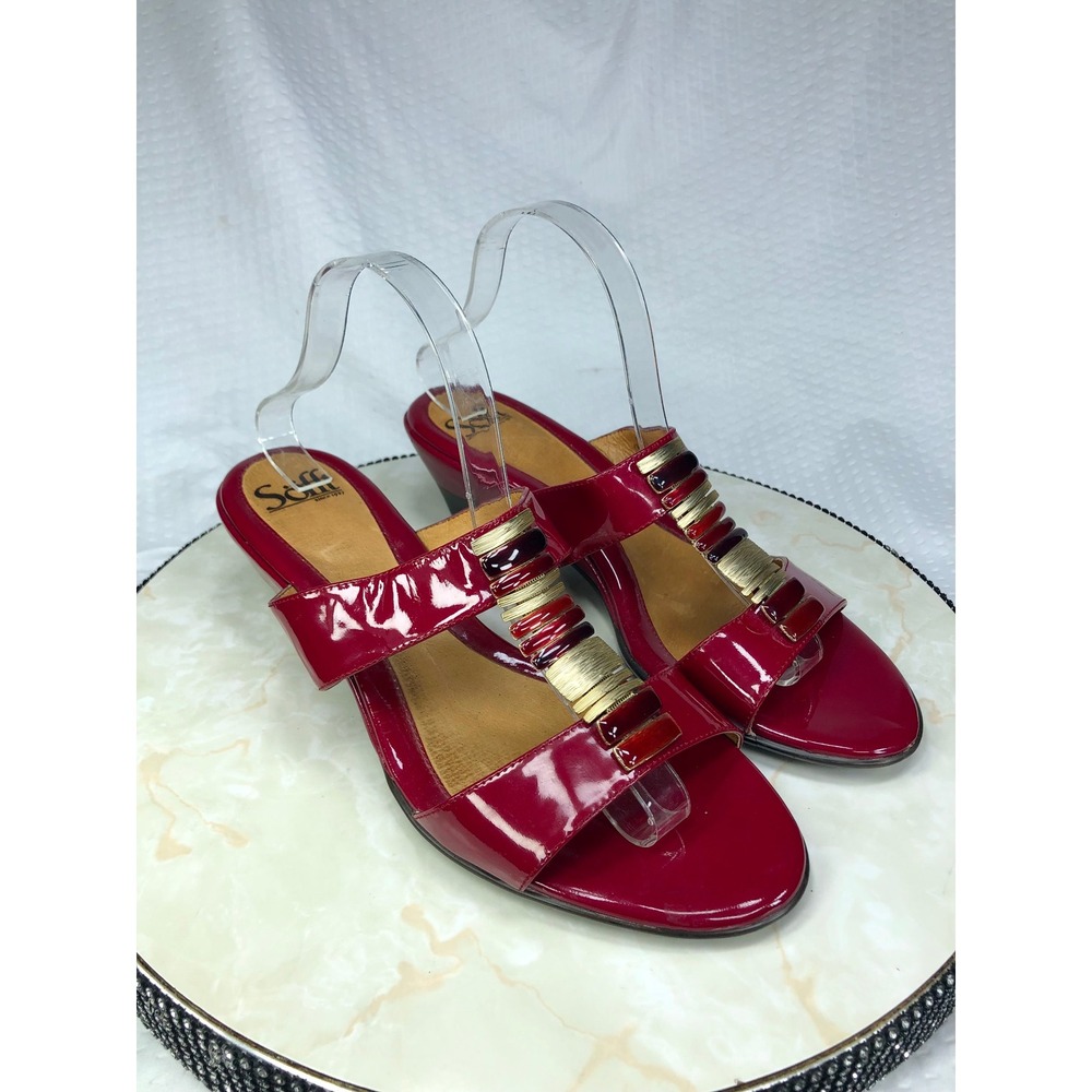 Sofft Patent Leather Beaded Wedge Slide Sandals Womens 11 Red Evening Offie Heel